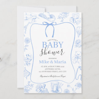 Convite Boy Toile De Jouy Blue Baby Shower Invitation