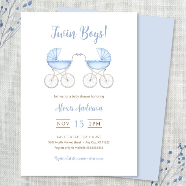 Convite Boy Twins with blue Carriages Baby Shower (Criador carregado)