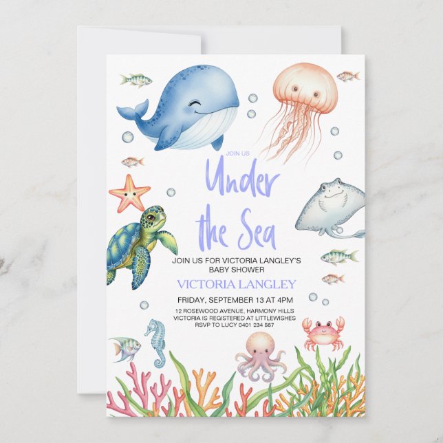 Convite Boy Under The Sea Ocean Animals Baby Shower (Frente)
