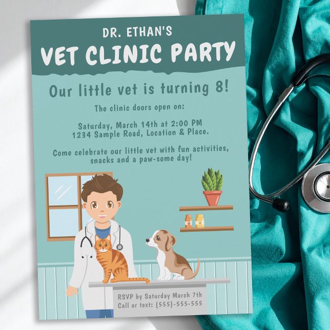 Convite Boy Veterinarian Vet Animal Clinic Kids’ Birthday (Criador carregado)