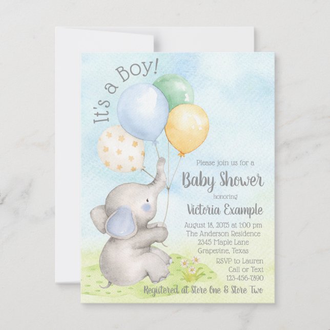 Convite Boy Watercolor Elephant Baby Shower Invants (Frente)