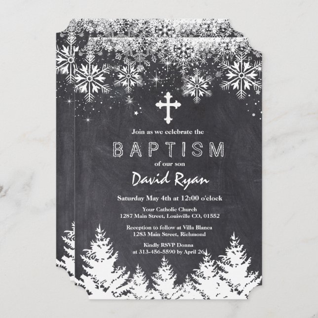 Convite Boy Winter Holiday Snowflakes Chalkboard Baptism (Frente/Verso)