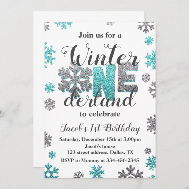 Convite Boy Winter ONEderland Birthday Invitation Glitter (Frente/Verso)