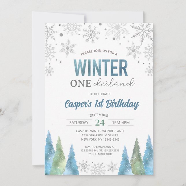 Convite Boy Winter Onederland Snowflakes Primeiro Aniversá (Frente)