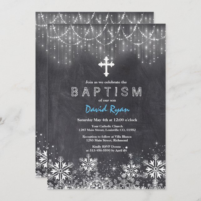 Convite Boy Winter String Luzes Snowflakes Chalk Baptism (Frente/Verso)