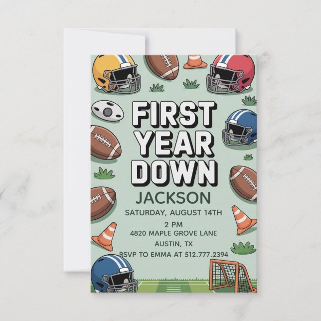 Convite Boy's 1st Birthday First Year Down - Football  (Frente)