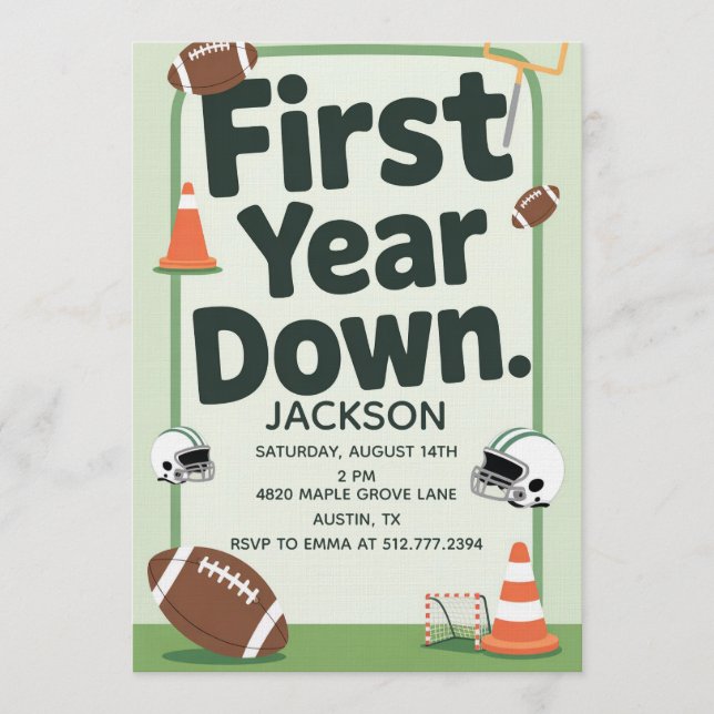 Convite Boy's 1st Birthday First Year Down - Football Bday (Frente)