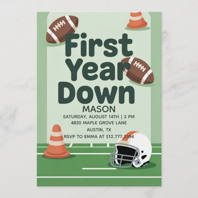 Convite Boy's 1st Birthday First Year Down - Football Bday (Frente)