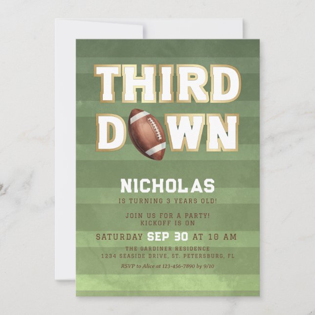 Convite Boys 3rd Birthday Football Third Down Invitation (Frente)