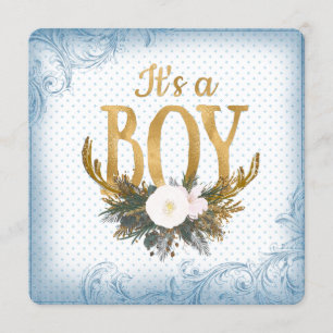 Convite Boys Antler Chá de fraldas Azul e Dourado
