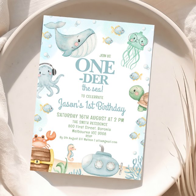 Convite Boys Azuis Sob O Mar primeiro aniversario (Boys Oneder the Sea 1st Birthday Invitation ONEder the Sea First Birthday Party Invite Summer Ocean)