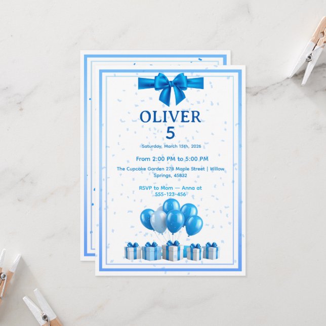 Convite Boys Birthday Invitation - Gift Boxes & Confetti (Frente/Verso In Situ)
