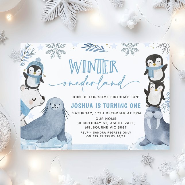Convite Boys Blue Artic Winter Onederland primeiro anivers (eWinter Onederland 1st Birthday Invitation Boy, Arctic Animals 1st Birthday Invitation Boy Blue)