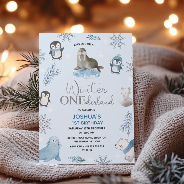 Convite Boys Blue Artic Winter Onederland primeiro anivers (Blue Arctic Animals Winter Onederland 1st Birthday Invitation Template Boy, Winter Onederland Invite)