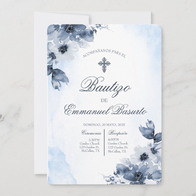 Convite Boys blue baptism with cross  (Frente)