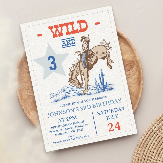Convite Boys Blue Red Wild e Three Rodeo aniversário de 3  (Wild and Three 3rd Birthday Invitation, Rodeo 3rd Birthday Invitation, Cowboy Wild West Western)