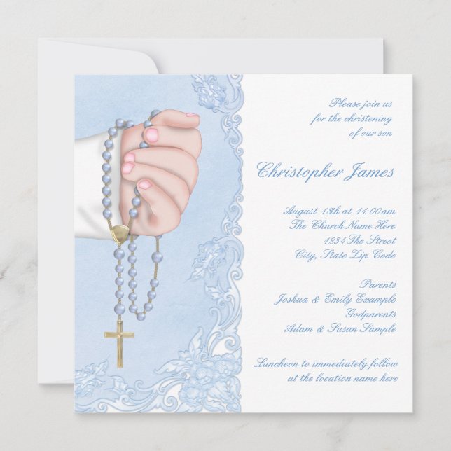 Convite Boys Blue Rosary Christening (Frente)