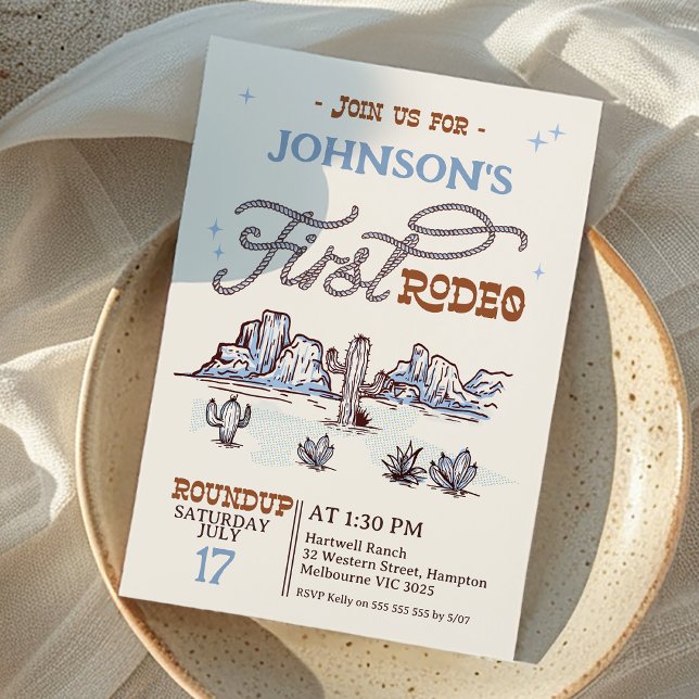 Convite Boys Blue Western Desert First Rodeo primeiro aniv (Boys Retro First Rodeo 1st Birthday Invitation, First Rodeo Birthday Invitation, Cowboy Western )