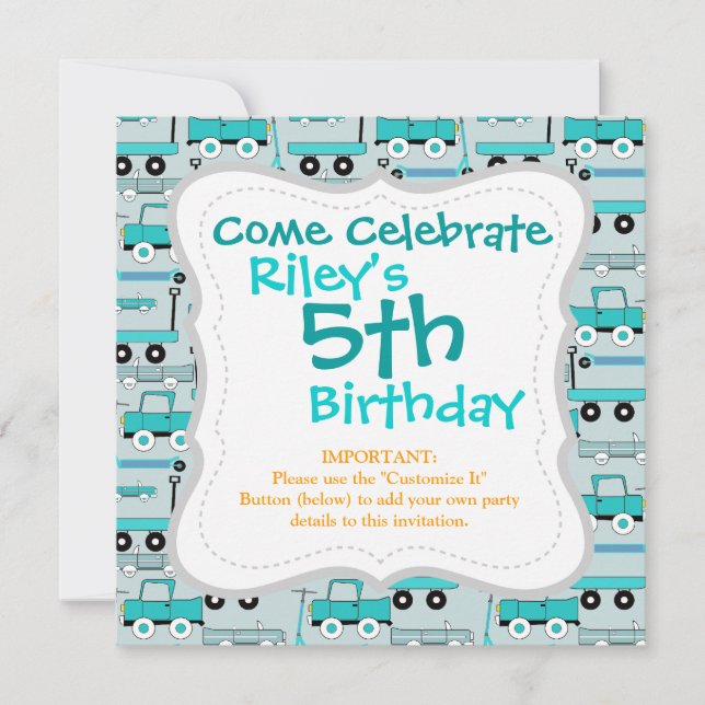 Convite Boys Blue Wheels Retro Patinetes Automóveis Vagões (Frente)