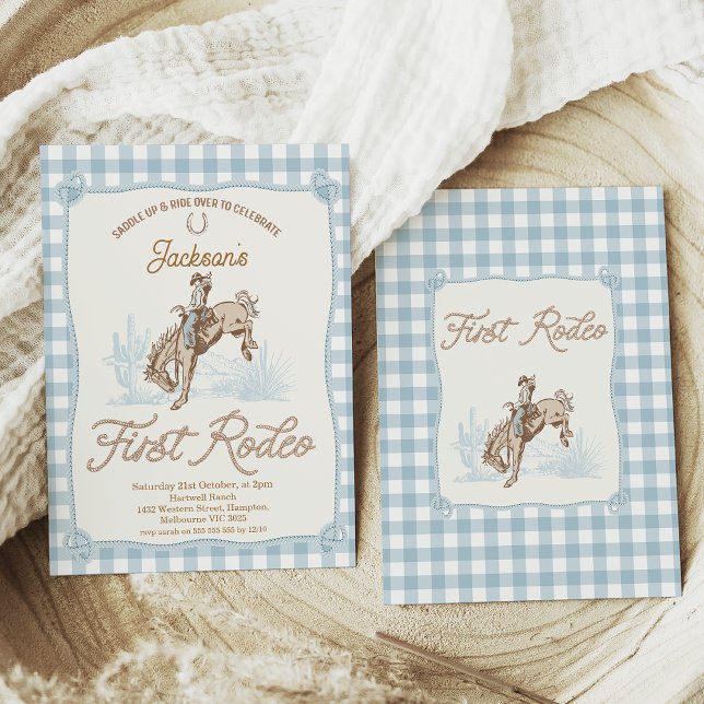 Convite Boys Blue Xadrez Cowboy Primeiro primeiro aniversa (Boys Blue First Rodeo 1st Birthday Invitation Western Cowboy 1st Birthday Invite, Buffalo Plaid Rope)
