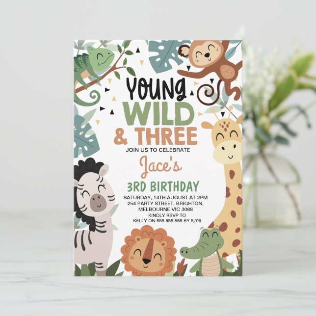 Convite Boys Brown Green Young Wild Three 3rd Birthday (Em pé/Frente)