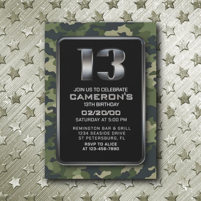 Convite Boys Camo Hunting Army 13 Birthday (Criador carregado)