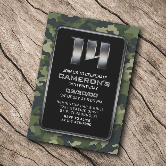Convite Boys Camo Hunting Army 14 Birthday (Criador carregado)
