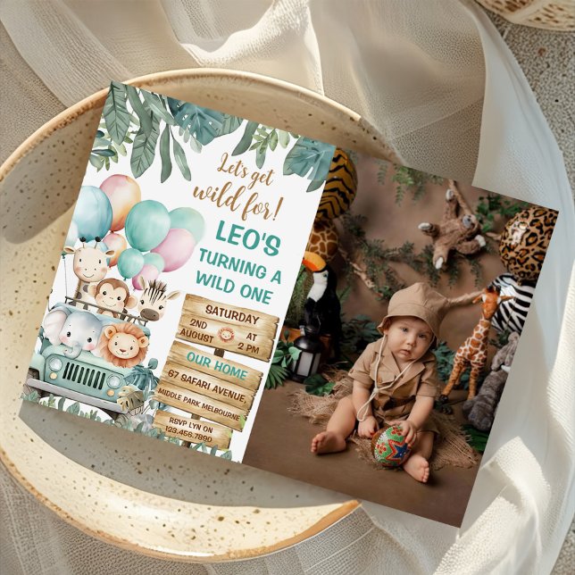 Convite Boys Cute Wild One Safari 1st Birthday Photo (Criador carregado)