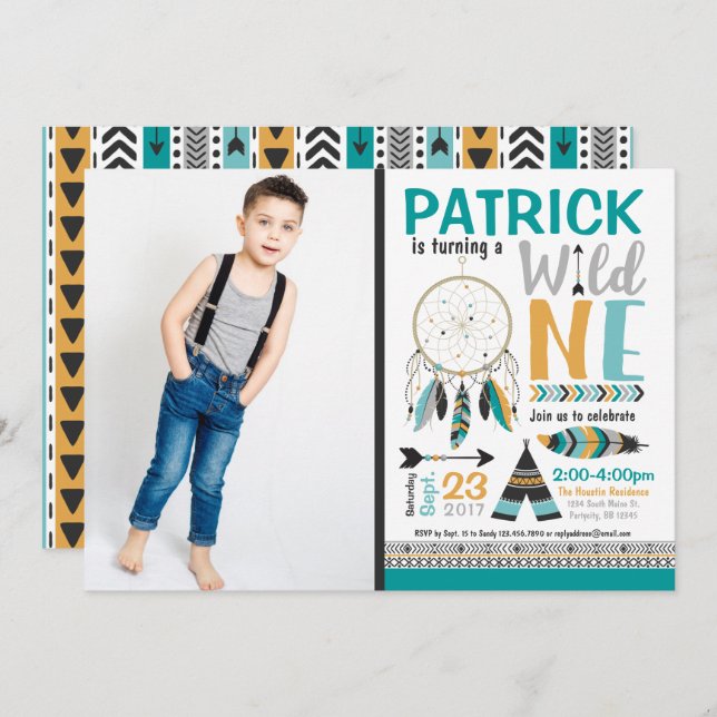 Convite Boys Dreamcatcher Wild ONE primeiro aniversario Co (Frente/Verso)