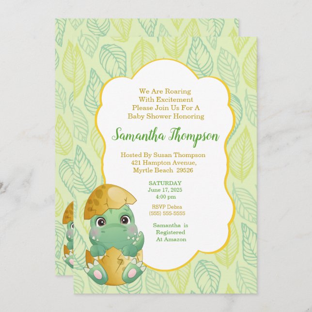 Convite Boys  Green Dinosaur Egg Baby Shower Invitation (Frente/Verso)