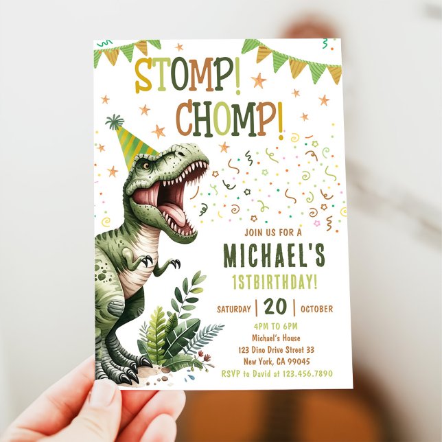 Convite Boys Green Stomp Chomp Roar Dinosaur 1st Birthday (Criador carregado)