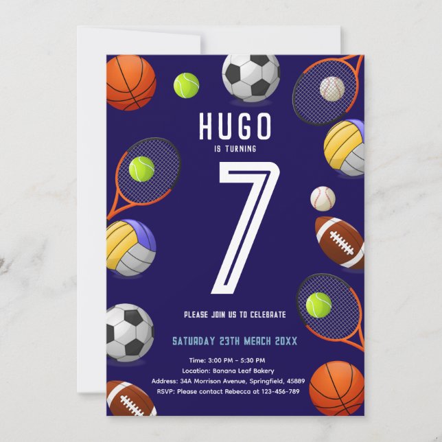 Convite Boys Modern Blue Sports Kids Birthday Invitation (Frente)