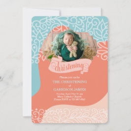 Convite Boys Orange and Blue Waves com Photo Christening