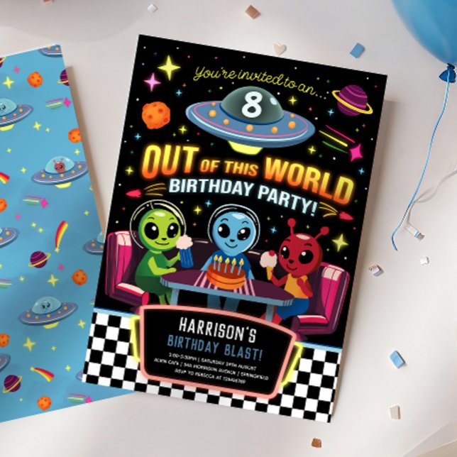 Convite Boys Out Of This World Neon Space Birthday (Criador carregado)