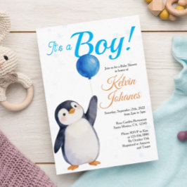 Convite Boy's Penguin Blue Baloon Watercolor Baby Shower 