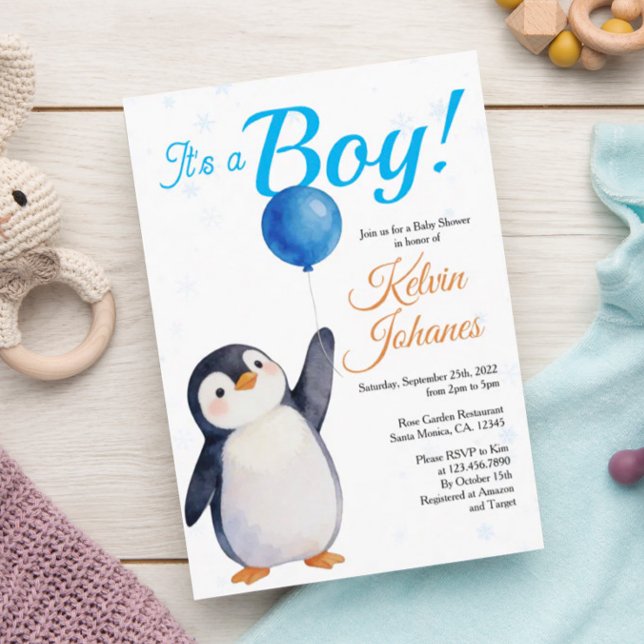 Convite Boy's Penguin Blue Baloon Watercolor Baby Shower  (Criador carregado)