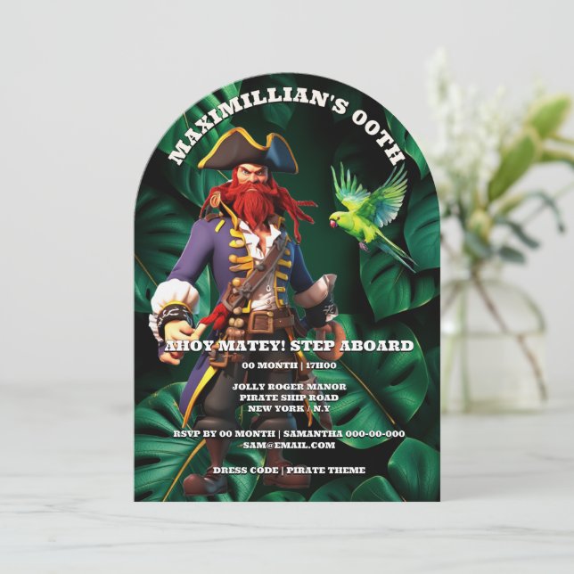 Convite Boys pirate theme birthday party captain red (Em pé/Frente)