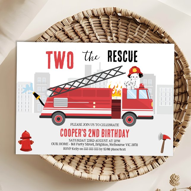 Convite Boys Red 2 O Aniversário Do Bombeiro De Emergência (Two The Rescue 2nd Birthday Invitation Template, Editable Firefighter 2nd Birthday Invitation)