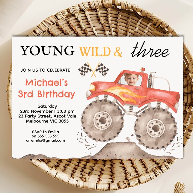 Convite Boys Red Monster Caminhão Jovem Selvagem Três Aniv (Boys Monster Truck Birthday Invitation, Young Wild Three Monster Truck Birthday Invitation Template)