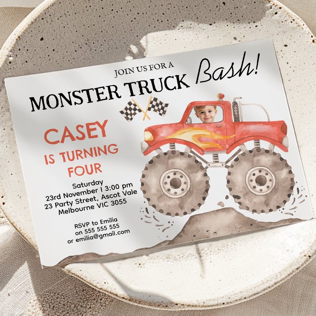 Convite Boys Red Monster Truck Bash Aniversário (Monster Truck Bash Birthday Invitation Boy, Red Monster Truck Birthday Invitation Any Age, Photo)