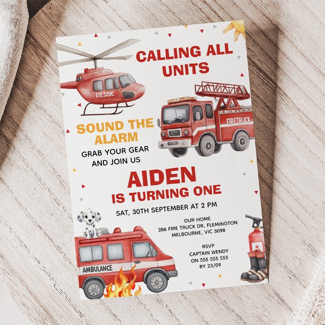Convite Boys Red Rescue Calling All Units Birthday (Calling All Units Invitation, Fire Truck Birthday Invitation, Emergency Squad Invitation, Alarm)