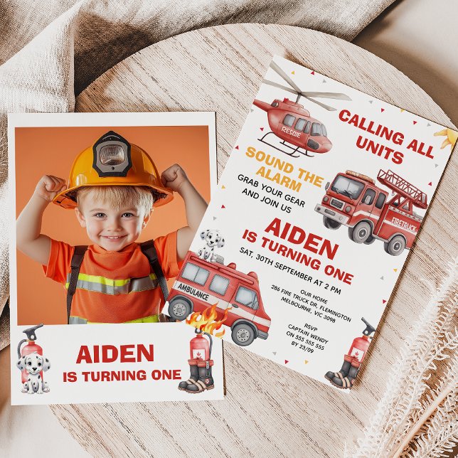 Convite Boys Red Rescue Calling All Units Birthday (Calling All Units Invitation, Fire Truck Birthday Invitation, Emergency Squad Invitation, Alarm)