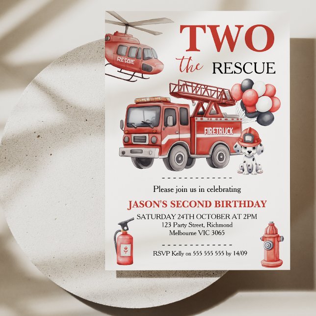 Convite Boys Red Two The Rescue Fire Truck Birthday  (Two The Rescue Invitation, Fire Truck Birthday Invitation, Boys 2nd Birthday Invite, Dalmatian)