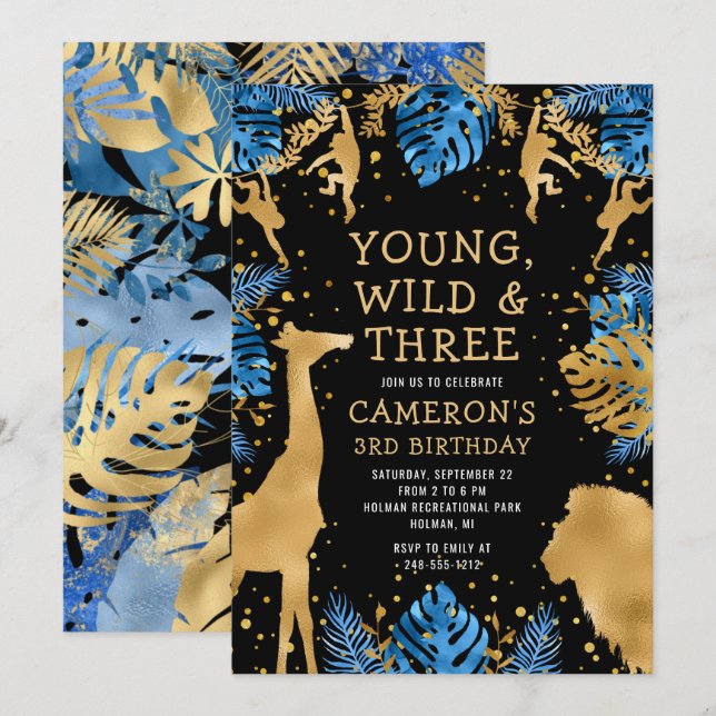 Convite Boys Safari aniversário de 3 anos Blue Dourado (Frente/Verso)