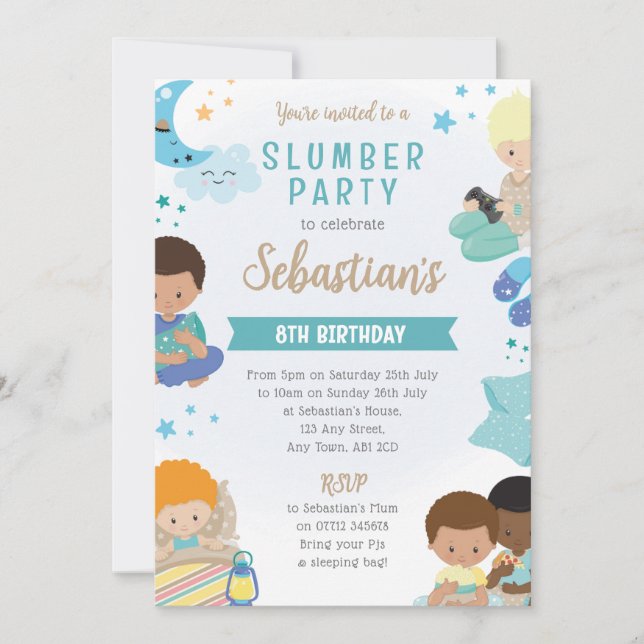 Convite Boys Sleepover Invitation – PJs, Pillows & Gaming (Frente)