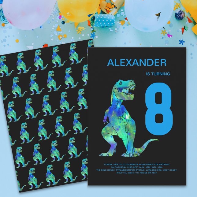 Convite Boys T-Rex Dino 8th Festa de aniversário (T-Rex dino boys 8th birthday party invitation colorful dinosaur blue modern  )