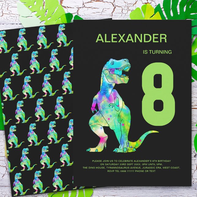 Convite Boys T-Rex Dino 8th Festa de aniversário (Dinosaur T-Rex boys 8th birthday party green blue black )