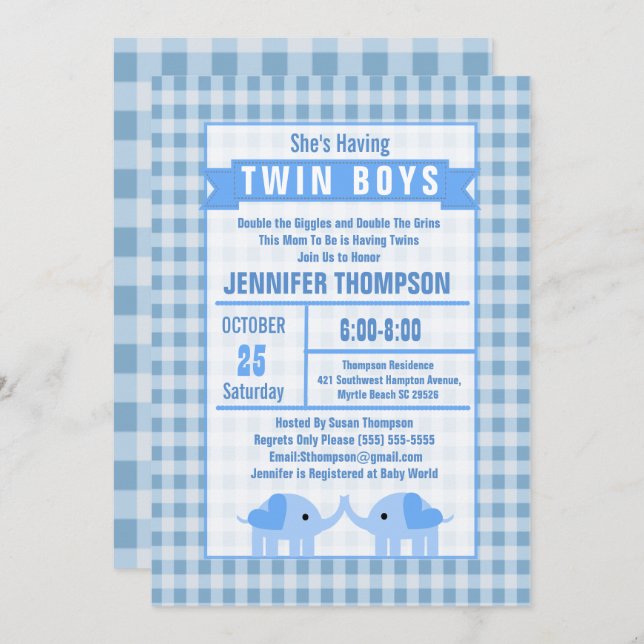 Convite Boys Twin Elephant Chá de fraldas Blue Gingham (Frente/Verso)