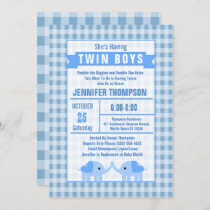 Convite Boys Twin Elephant Chá de fraldas Blue Gingham