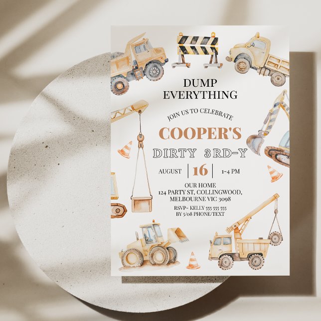 Convite Boys Yellow Construction Dirty 3rd y aniversário d (Dirty 3rd-y Birthday Invitation, Construction 3rd Birthday Invitation Template, Boys 3rd Birthday )